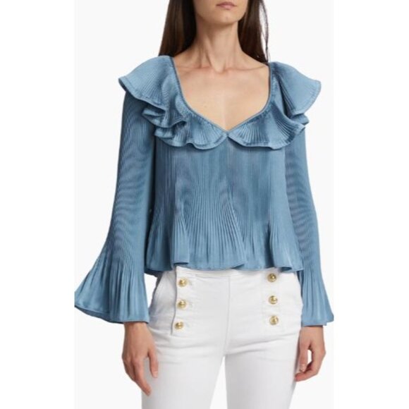 Derek Lam 10 Crosby Charis Pleated Ruffle Whimsy Top Long Bell Sleeves Blue S - Picture 8 of 15